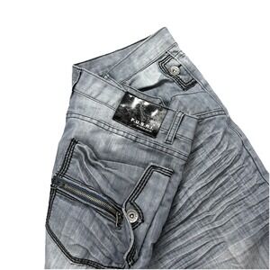 FUSAI by Focus USA Mens 38x32 Distressed Moto Biker‎ Zipper Jeans Gray